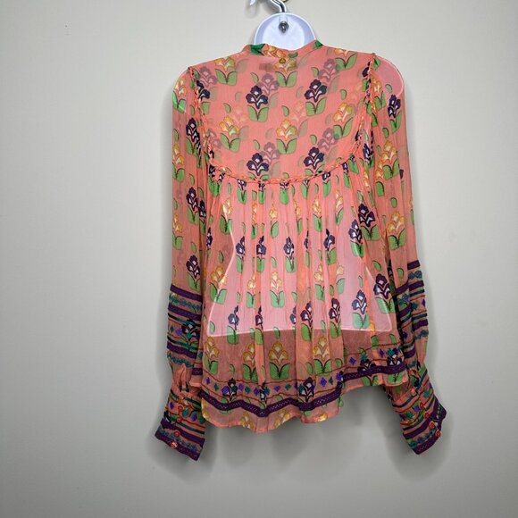 Antik Batik Coral Embroidered Sheer Blouse Women's Small/38 - Picture 3 of 5